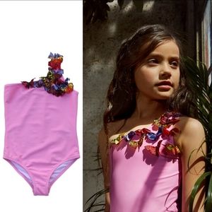 Girls' Pink One-Shoulder Floral Accent Swimsuit